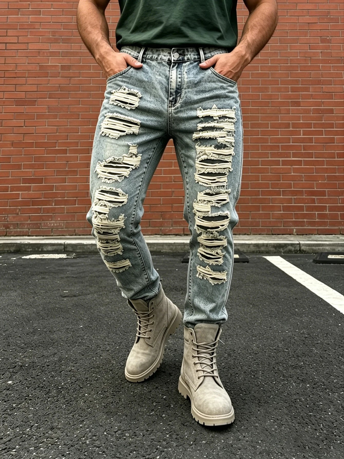 Plus size men's ripped gray blue washed jeans heavy industry multi-layer raw edge ripped straight trousers handsome trendy men Camara Shopping Plus size men's ripped gray blue washed jeans heavy industry multi-layer raw edge ripped straight trousers handsome trendy men