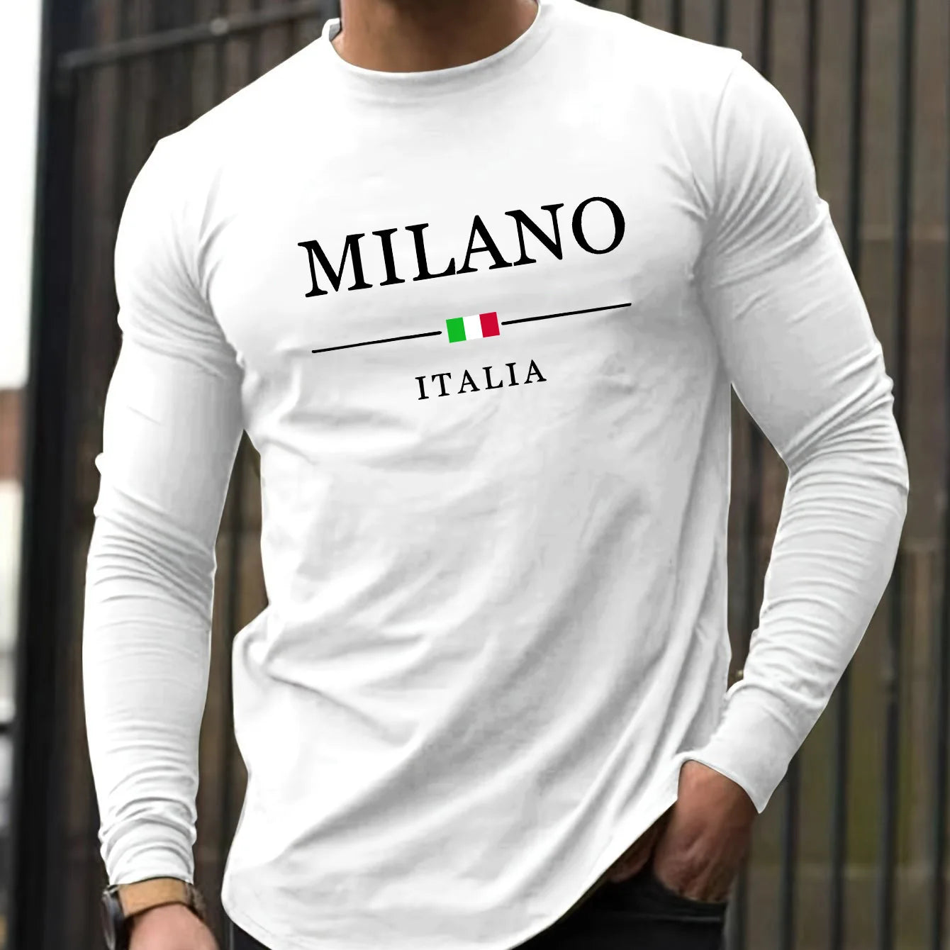 100% pure cotton men's long sleeved round neck loose casual MILANO ITALIA print spring and autumn versatile T-shirt top Camara Shopping 100% pure cotton men's long sleeved round neck loose casual MILANO ITALIA print spring and autumn versatile T-shirt top