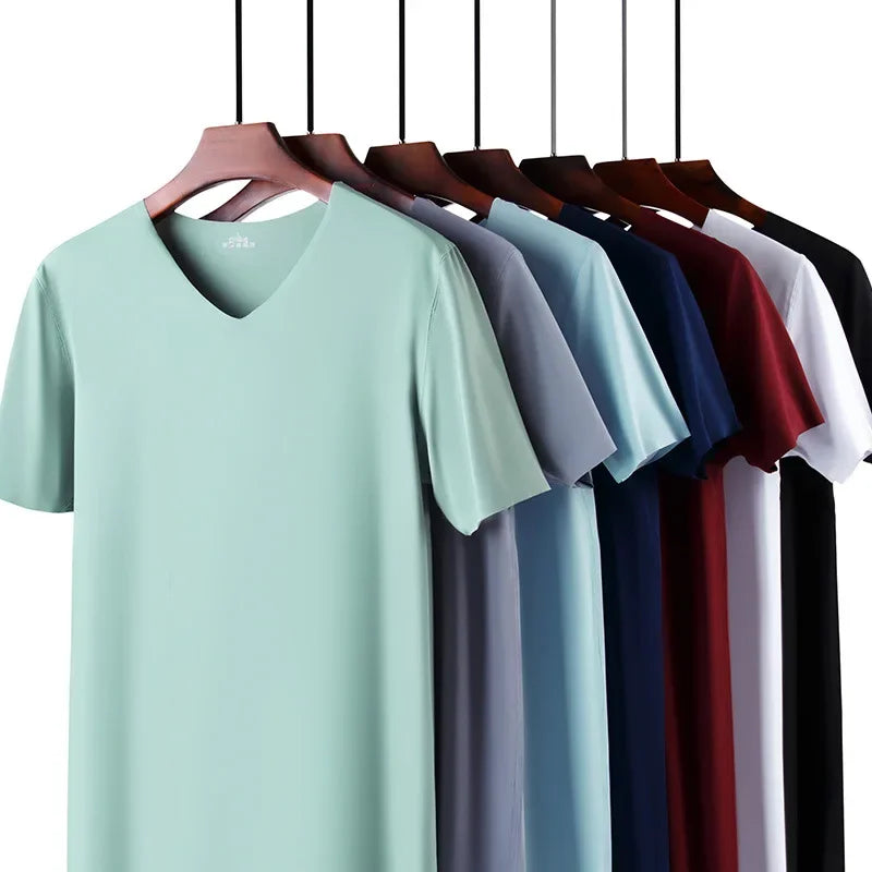 Summer Seamless Breathable Ice Silk T-Shirt Vest Men's Sports Short Sleeve T-shirt Solid Color V-neck Tees Quick Dry Shirt Tops Camara Shopping Summer Seamless Breathable Ice Silk T-Shirt Vest Men's Sports Short Sleeve T-shirt Solid Color V-neck Tees Quick Dry Shirt Tops