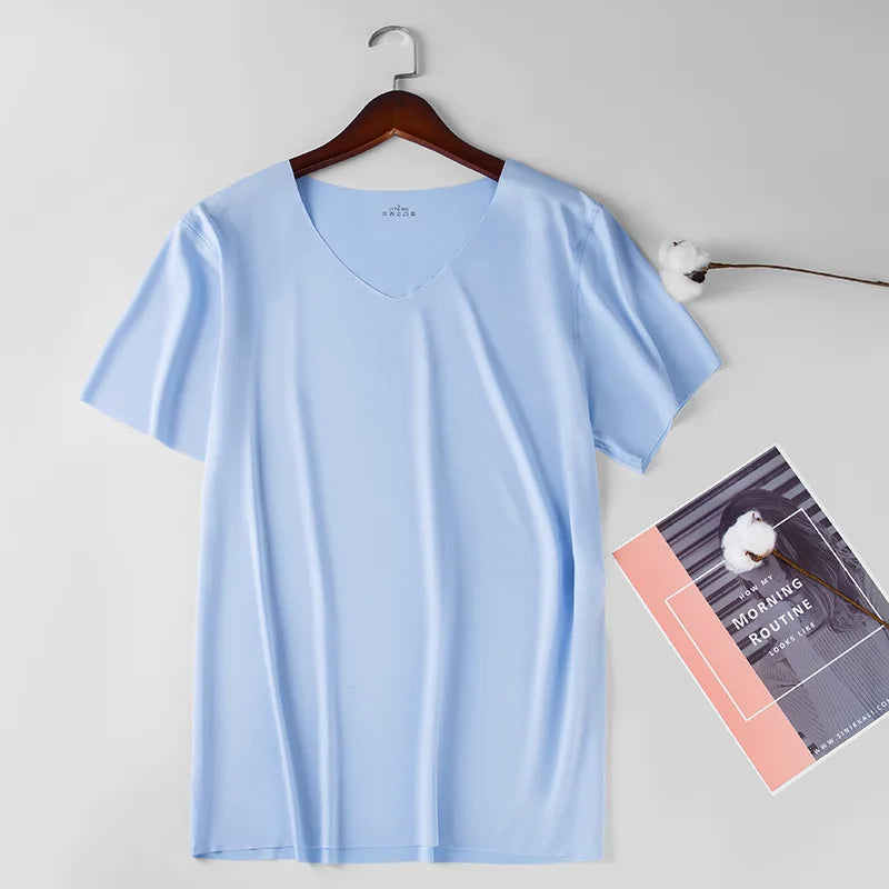 Summer Seamless Breathable Ice Silk T-Shirt Vest Men's Sports Short Sleeve T-shirt Solid Color V-neck Tees Quick Dry Shirt Tops Camara Shopping Summer Seamless Breathable Ice Silk T-Shirt Vest Men's Sports Short Sleeve T-shirt Solid Color V-neck Tees Quick Dry Shirt Tops