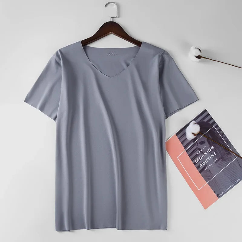 Summer Seamless Breathable Ice Silk T-Shirt Vest Men's Sports Short Sleeve T-shirt Solid Color V-neck Tees Quick Dry Shirt Tops Camara Shopping Summer Seamless Breathable Ice Silk T-Shirt Vest Men's Sports Short Sleeve T-shirt Solid Color V-neck Tees Quick Dry Shirt Tops
