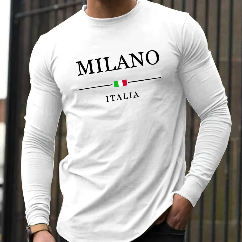 100% pure cotton men's long sleeved round neck loose casual MILANO ITALIA print spring and autumn versatile T-shirt top Camara Shopping 100% pure cotton men's long sleeved round neck loose casual MILANO ITALIA print spring and autumn versatile T-shirt top