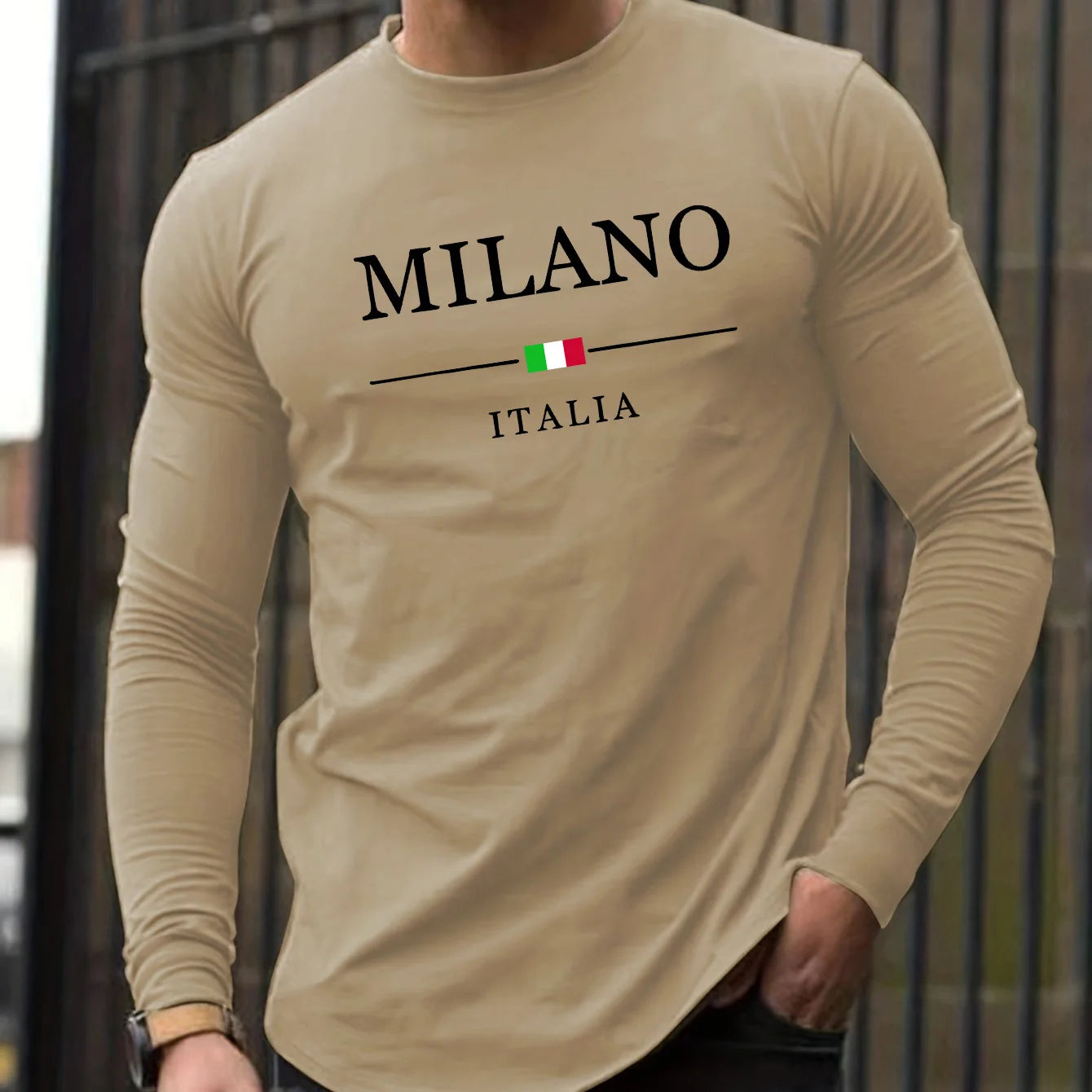 100% pure cotton men's long sleeved round neck loose casual MILANO ITALIA print spring and autumn versatile T-shirt top Camara Shopping 100% pure cotton men's long sleeved round neck loose casual MILANO ITALIA print spring and autumn versatile T-shirt top