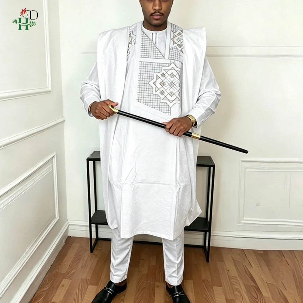H&D Dresses on Clearance Sale African Dresses for Man Agbada Sets 3PCS White Embroidered Vrai Bazin Original Vêtements D'Afrique Camara Shopping H&D Dresses on Clearance Sale African Dresses for Man Agbada Sets 3PCS White Embroidered Vrai Bazin Original Vêtements D'Afrique
