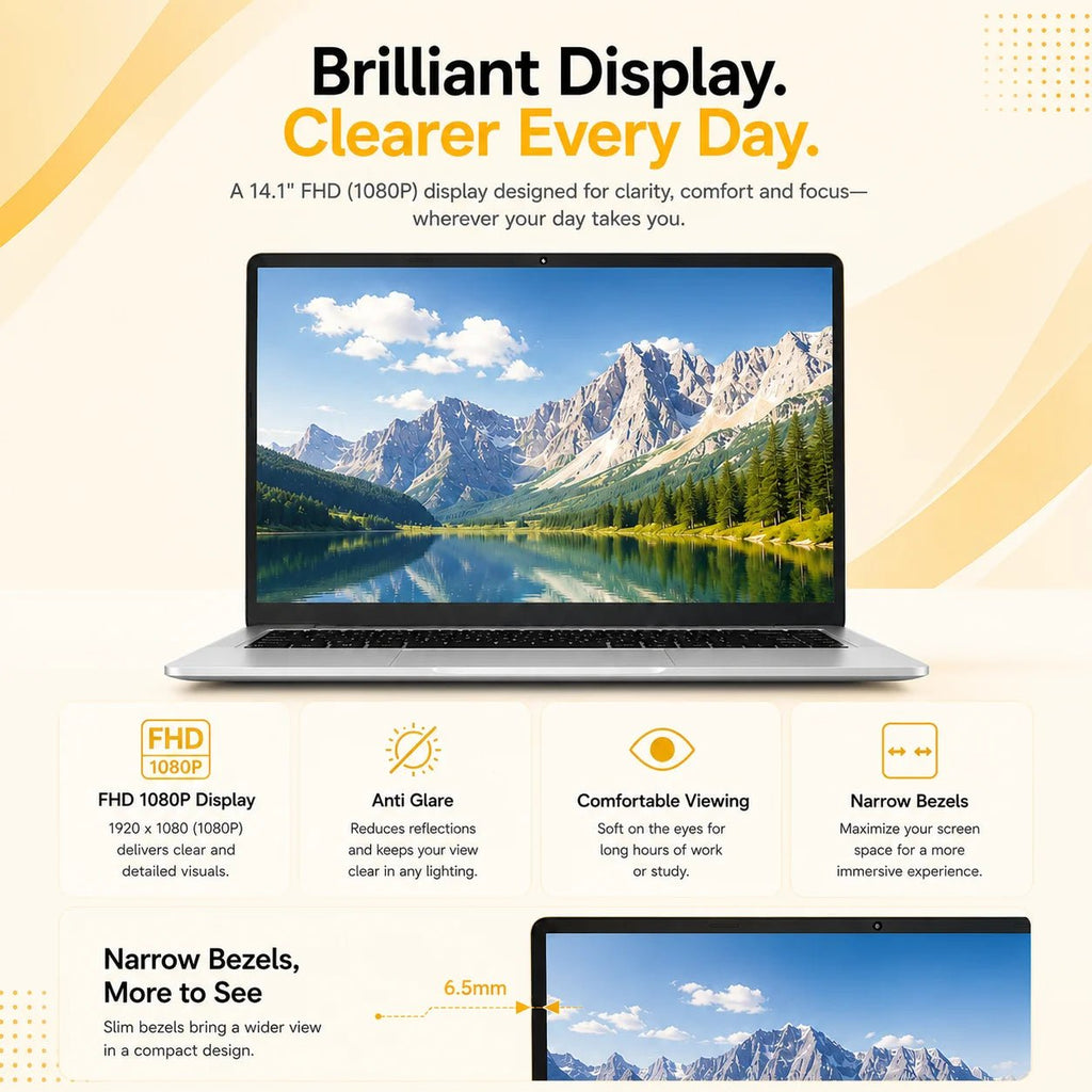 Ordinateur portable étudiant 14,1 pouces | Intel N3710, 12 Go de RAM, 256 Go de SSD | Écran FHD 1080P et batterie 5000 mAh | Travail de bureau et adapté aux personnes âgées - Camara ShoppingOrdinateur portable étudiant 14,1 pouces | Intel N3710, 12 Go de RAM, 256 Go de SSD | Écran FHD 1080P et batterie 5000 mAh | Travail de bureau et adapté aux personnes âgées