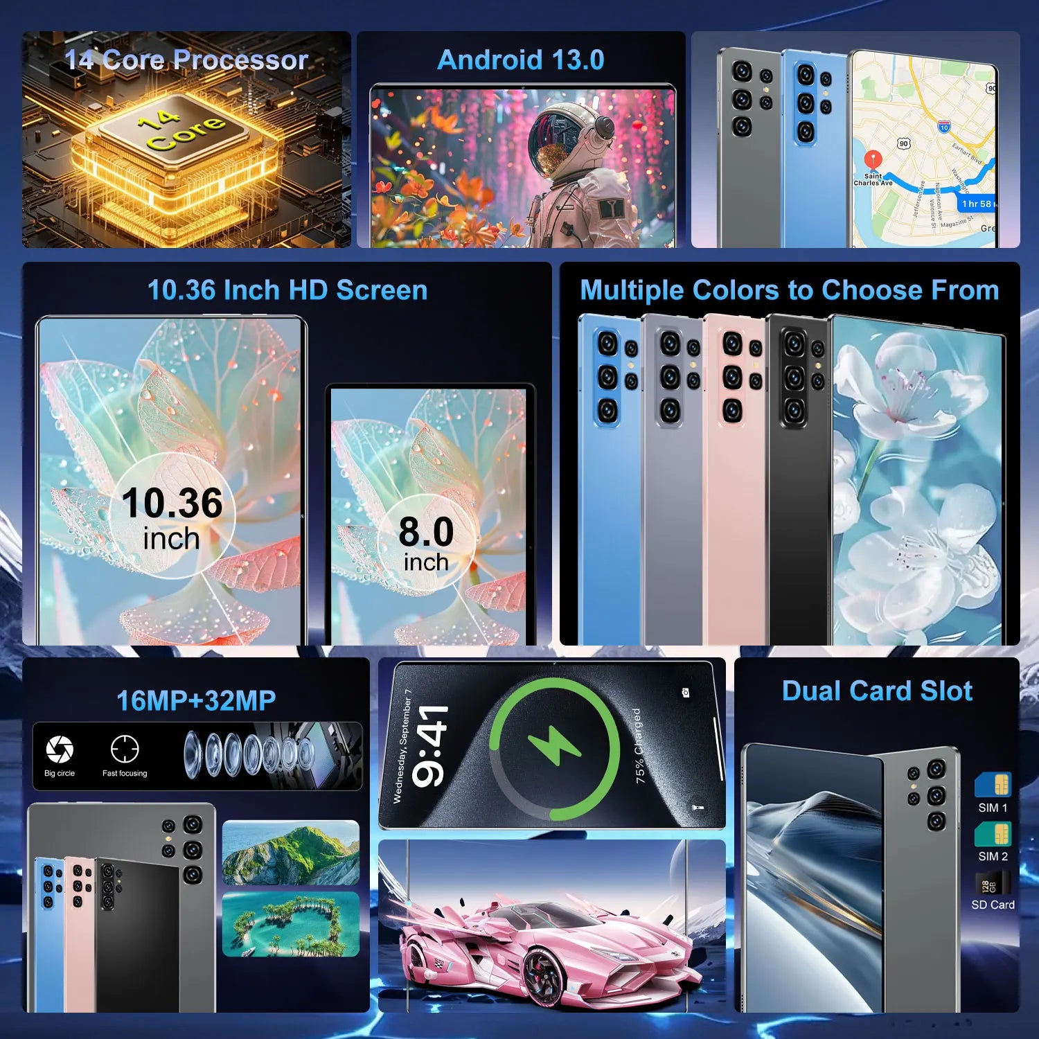 Tablette 10,36 pouces 5G WiFi 20000mAh Double SIM 14 cœurs Android 13 16 Go de RAM 1 To de stockage Tablette de jeu mondiale avec appareil photo 16+32MP Camara Shopping Tablette 10,36 pouces 5G WiFi 20000mAh Double SIM 14 cœurs Android 13 16 Go de RAM 1 To de stockage Tablette de jeu mondiale avec appareil photo 16+32MP