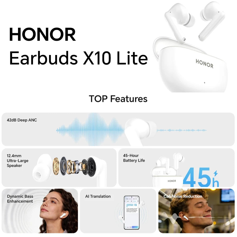 HONOR Earbuds X10 Lite, autonomie de 45 heures, haut-parleur ultra-large de 12,4 mm, ANC profond de 42 dB, traduction IA, blanc Camara Shopping HONOR Earbuds X10 Lite, autonomie de 45 heures, haut-parleur ultra-large de 12,4 mm, ANC profond de 42 dB, traduction IA, blanc