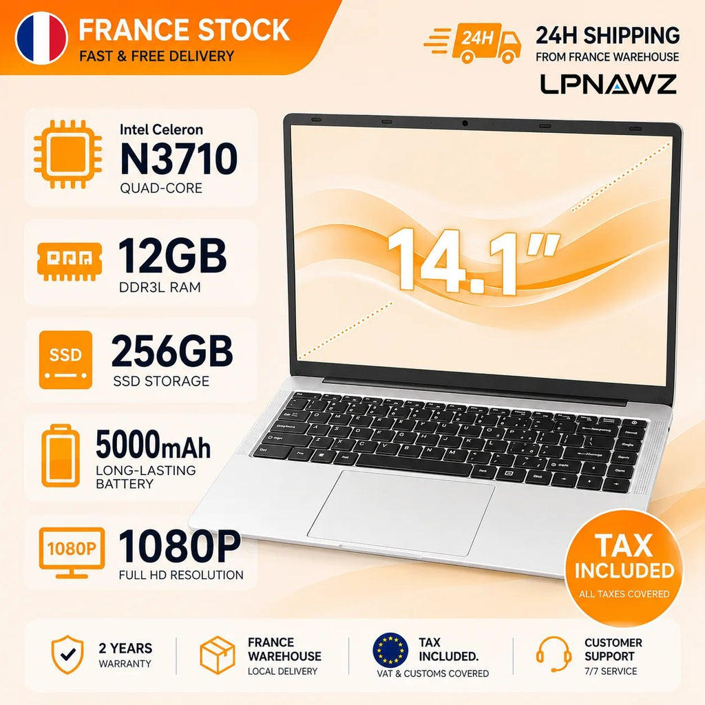 Ordinateur portable étudiant 14,1 pouces | Intel N3710, 12 Go de RAM, 256 Go de SSD | Écran FHD 1080P et batterie 5000 mAh | Travail de bureau et adapté aux personnes âgées - Camara ShoppingOrdinateur portable étudiant 14,1 pouces | Intel N3710, 12 Go de RAM, 256 Go de SSD | Écran FHD 1080P et batterie 5000 mAh | Travail de bureau et adapté aux personnes âgées