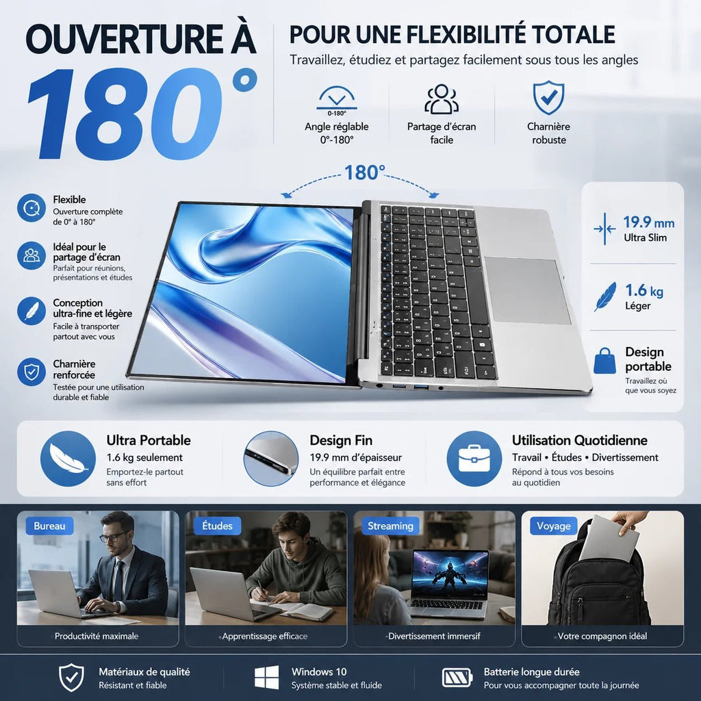 Ordinateur Portable 14,1 Pouces FHD IPS Windows 11, Intel Celeron N3450, 8Go RAM 128Go SSD, PC Portable Léger avec WiFi 2.4G Bluetooth 4.2, Webcam HD, Mini HDMI, USB 3.0, Clavier AZERTY, Livraison Rapide depuis Entrepôt FR, - Camara ShoppingOrdinateur Portable 14,1 Pouces FHD IPS Windows 11, Intel Celeron N3450, 8Go RAM 128Go SSD, PC Portable Léger avec WiFi 2.4G Bluetooth 4.2, Webcam HD, Mini HDMI, USB 3.0, Clavier AZERTY, Livraison Rapide depuis Entrepôt FR,