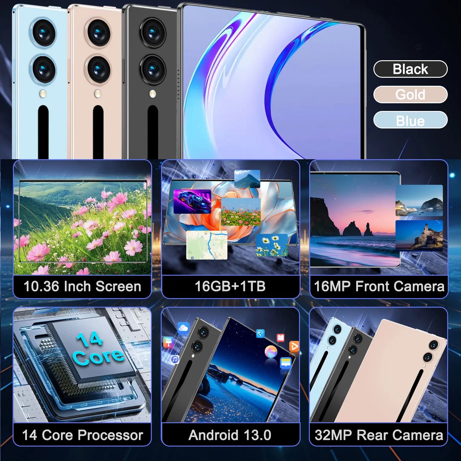 Tablette de jeu 14 Core 10,36 pouces, batterie 20000 mAh, WiFi 5G, Bluetooth, Android 13, 16 Go + 1 To, appareil photo 16+32 MP, tablette pour l'étude et le bureau Camara Shopping Tablette de jeu 14 Core 10,36 pouces, batterie 20000 mAh, WiFi 5G, Bluetooth, Android 13, 16 Go + 1 To, appareil photo 16+32 MP, tablette pour l'étude et le bureau
