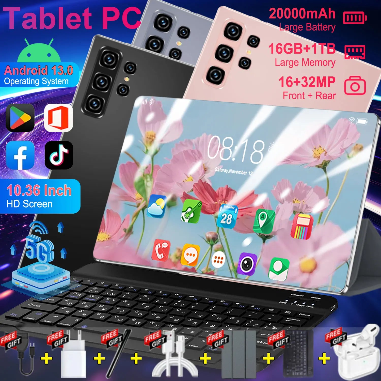 Tablette 10,36 pouces 5G WiFi 20000mAh Double SIM 14 cœurs Android 13 16 Go de RAM 1 To de stockage Tablette de jeu mondiale avec appareil photo 16+32MP Camara Shopping Tablette 10,36 pouces 5G WiFi 20000mAh Double SIM 14 cœurs Android 13 16 Go de RAM 1 To de stockage Tablette de jeu mondiale avec appareil photo 16+32MP