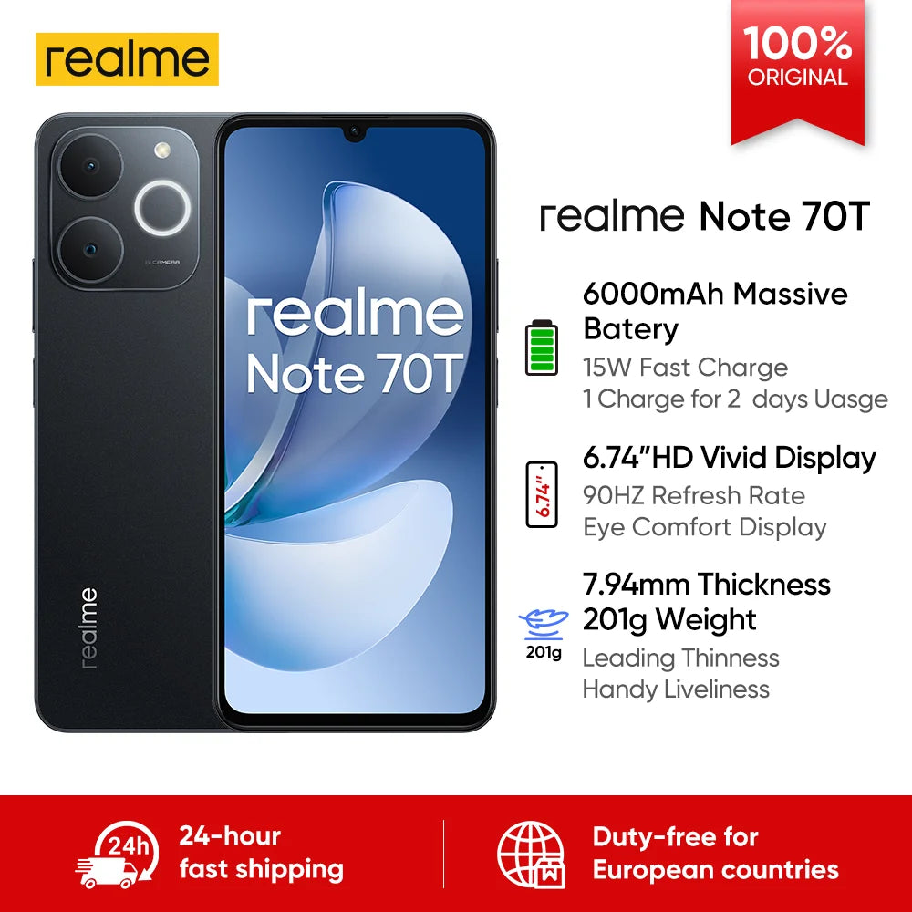 Smartphone Realme Note 70T AI, version mondiale, écran 6,75 pouces 90 Hz, batterie 6000 mAh, appareil photo AI 13 MP, chipset octa-core, IP54 Camara Shopping Smartphone Realme Note 70T AI, version mondiale, écran 6,75 pouces 90 Hz, batterie 6000 mAh, appareil photo AI 13 MP, chipset octa-core, IP54