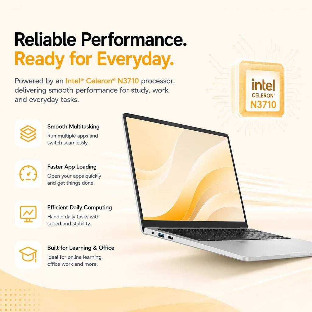 Ordinateur portable étudiant 14,1 pouces | Intel N3710, 12 Go de RAM, 256 Go de SSD | Écran FHD 1080P et batterie 5000 mAh | Travail de bureau et adapté aux personnes âgées - Camara ShoppingOrdinateur portable étudiant 14,1 pouces | Intel N3710, 12 Go de RAM, 256 Go de SSD | Écran FHD 1080P et batterie 5000 mAh | Travail de bureau et adapté aux personnes âgées