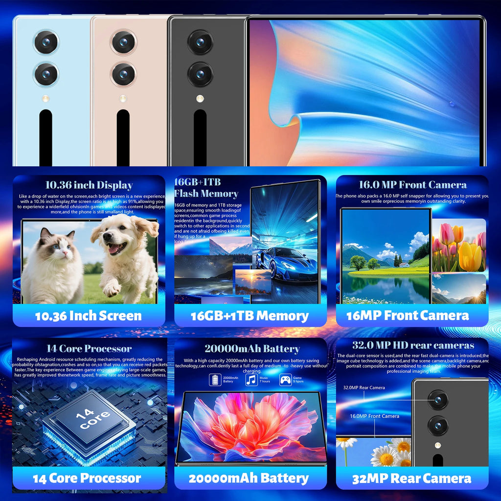Tablette Android 5G, version globale neuve, 10,36 pouces, 16 Go de RAM, 1 To de ROM, Android 13.0, 14 cœurs, 20000 mAh, appels téléphoniques, Bluetooth, Wi-Fi Camara Shopping Tablette Android 5G, version globale neuve, 10,36 pouces, 16 Go de RAM, 1 To de ROM, Android 13.0, 14 cœurs, 20000 mAh, appels téléphoniques, Bluetooth, Wi-Fi