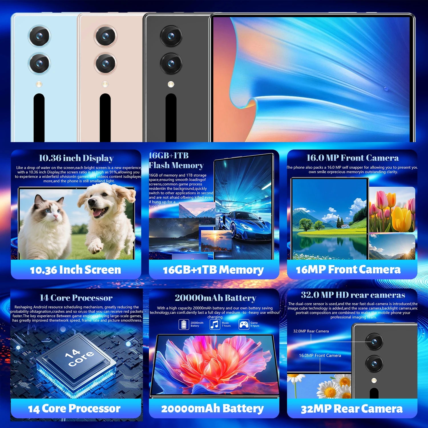 Tablette Android 5G, version globale neuve, 10,36 pouces, 16 Go de RAM, 1 To de ROM, Android 13.0, 14 cœurs, 20000 mAh, appels téléphoniques, Bluetooth, Wi-Fi Camara Shopping Tablette Android 5G, version globale neuve, 10,36 pouces, 16 Go de RAM, 1 To de ROM, Android 13.0, 14 cœurs, 20000 mAh, appels téléphoniques, Bluetooth, Wi-Fi
