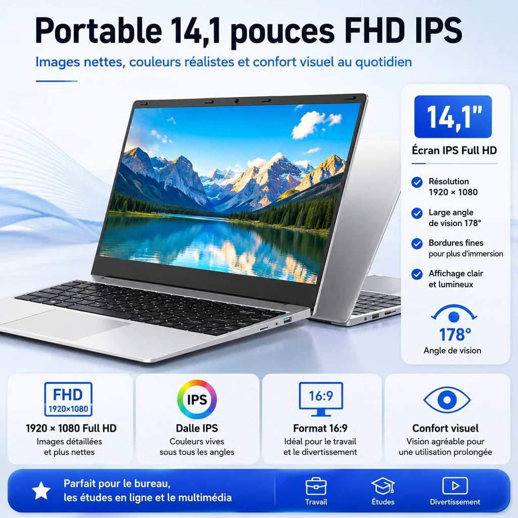 Ordinateur Portable 14,1 Pouces FHD IPS Windows 11, Intel Celeron N3450, 8Go RAM 128Go SSD, PC Portable Léger avec WiFi 2.4G Bluetooth 4.2, Webcam HD, Mini HDMI, USB 3.0, Clavier AZERTY, Livraison Rapide depuis Entrepôt FR, - Camara ShoppingOrdinateur Portable 14,1 Pouces FHD IPS Windows 11, Intel Celeron N3450, 8Go RAM 128Go SSD, PC Portable Léger avec WiFi 2.4G Bluetooth 4.2, Webcam HD, Mini HDMI, USB 3.0, Clavier AZERTY, Livraison Rapide depuis Entrepôt FR,