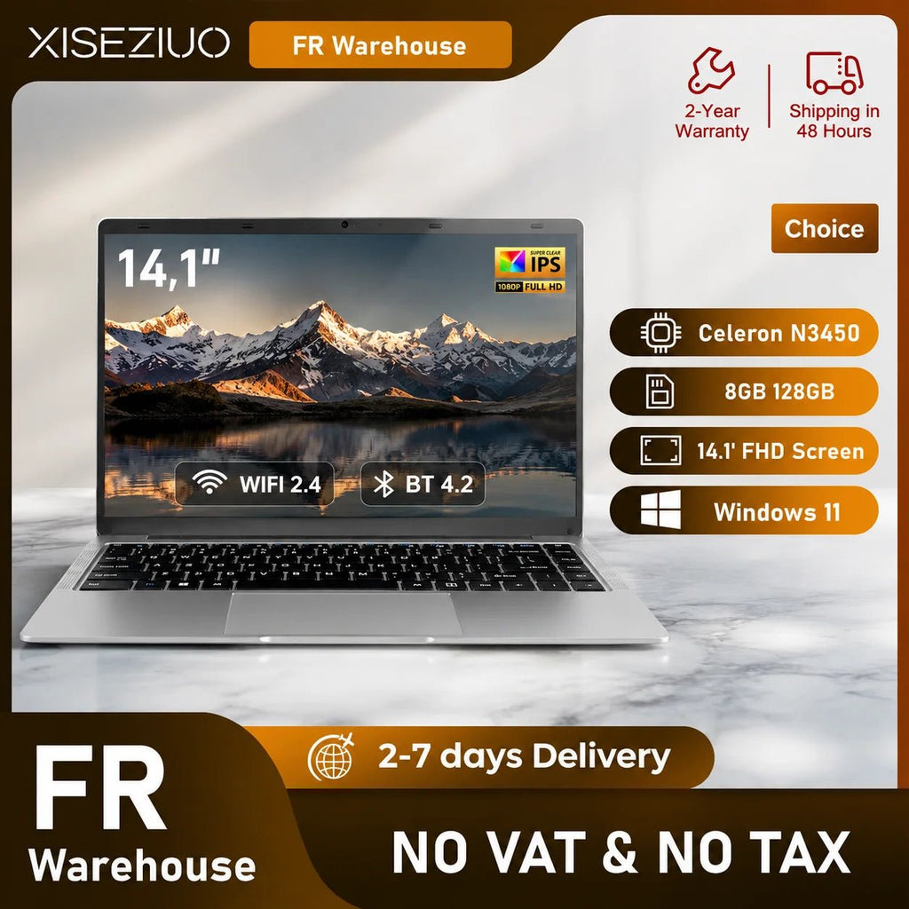 Ordinateur Portable 14,1 Pouces FHD IPS Windows 11, Intel Celeron N3450, 8Go RAM 128Go SSD, PC Portable Léger avec WiFi 2.4G Bluetooth 4.2, Webcam HD, Mini HDMI, USB 3.0, Clavier AZERTY, Livraison Rapide depuis Entrepôt FR, - Camara ShoppingOrdinateur Portable 14,1 Pouces FHD IPS Windows 11, Intel Celeron N3450, 8Go RAM 128Go SSD, PC Portable Léger avec WiFi 2.4G Bluetooth 4.2, Webcam HD, Mini HDMI, USB 3.0, Clavier AZERTY, Livraison Rapide depuis Entrepôt FR,
