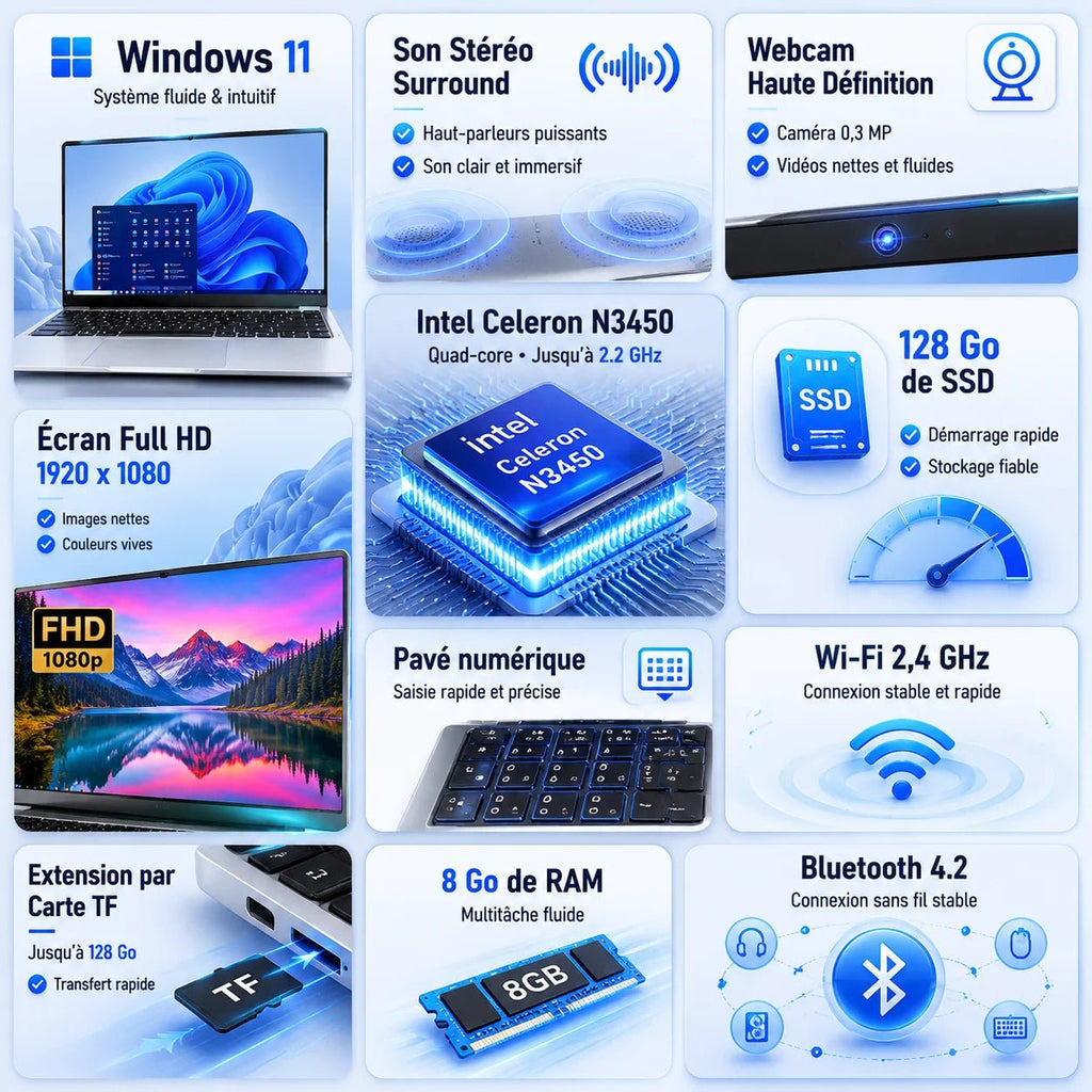 Ordinateur Portable 14,1 Pouces FHD IPS Windows 11, Intel Celeron N3450, 8Go RAM 128Go SSD, PC Portable Léger avec WiFi 2.4G Bluetooth 4.2, Webcam HD, Mini HDMI, USB 3.0, Clavier AZERTY, Livraison Rapide depuis Entrepôt FR, - Camara ShoppingOrdinateur Portable 14,1 Pouces FHD IPS Windows 11, Intel Celeron N3450, 8Go RAM 128Go SSD, PC Portable Léger avec WiFi 2.4G Bluetooth 4.2, Webcam HD, Mini HDMI, USB 3.0, Clavier AZERTY, Livraison Rapide depuis Entrepôt FR,