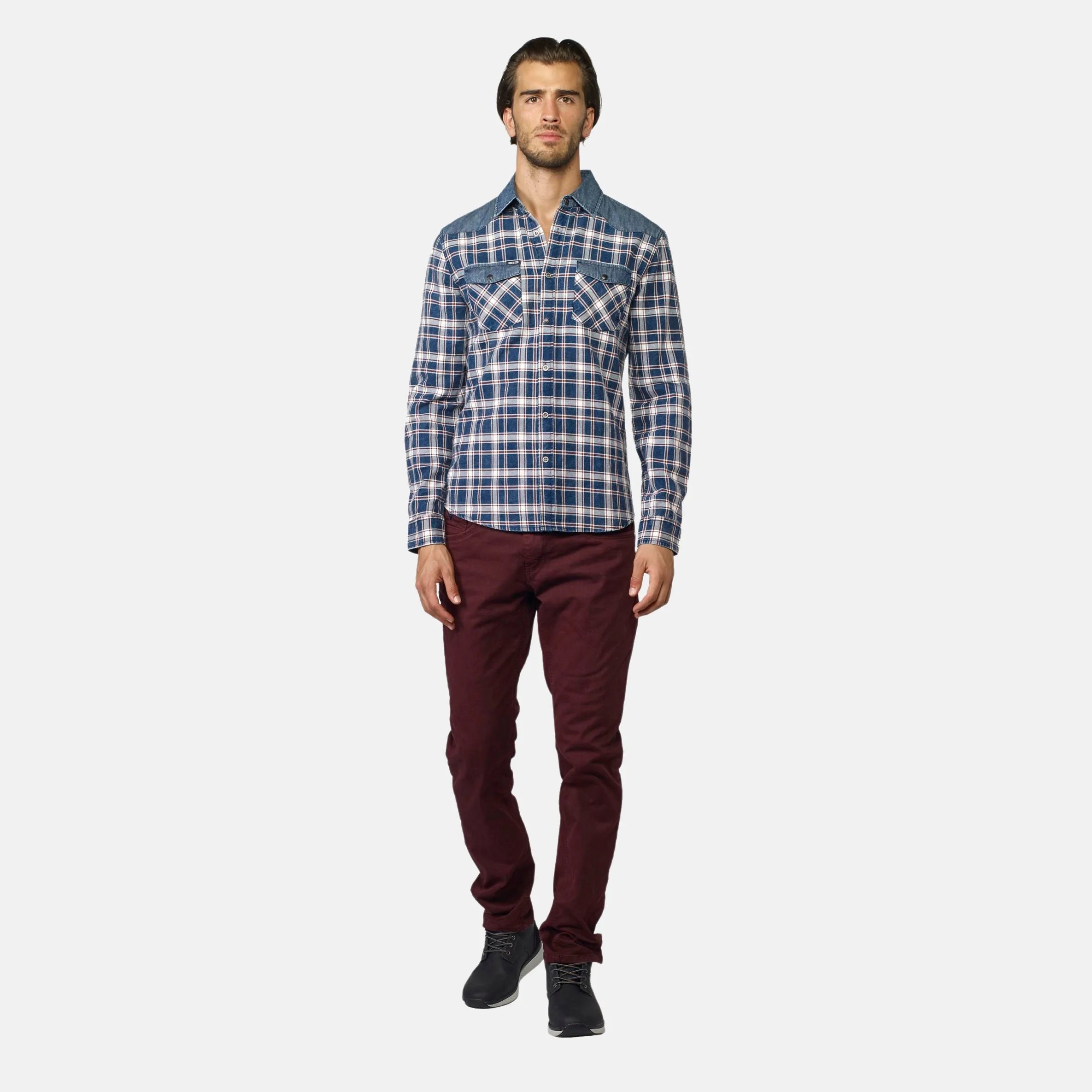 Koröshi - Long Sleeve Plaid Shirt with Denim Details, 100% Cotton for Urban Workwear, Regular Fit in Navy, features button-down collar, two chest pockets, and ideal for transitional seasons. - Camara ShoppingKoröshi - Long Sleeve Plaid Shirt with Denim Details, 100% Cotton for Urban Workwear, Regular Fit in Navy, features button-down collar, two chest pockets, and ideal for transitional seasons.