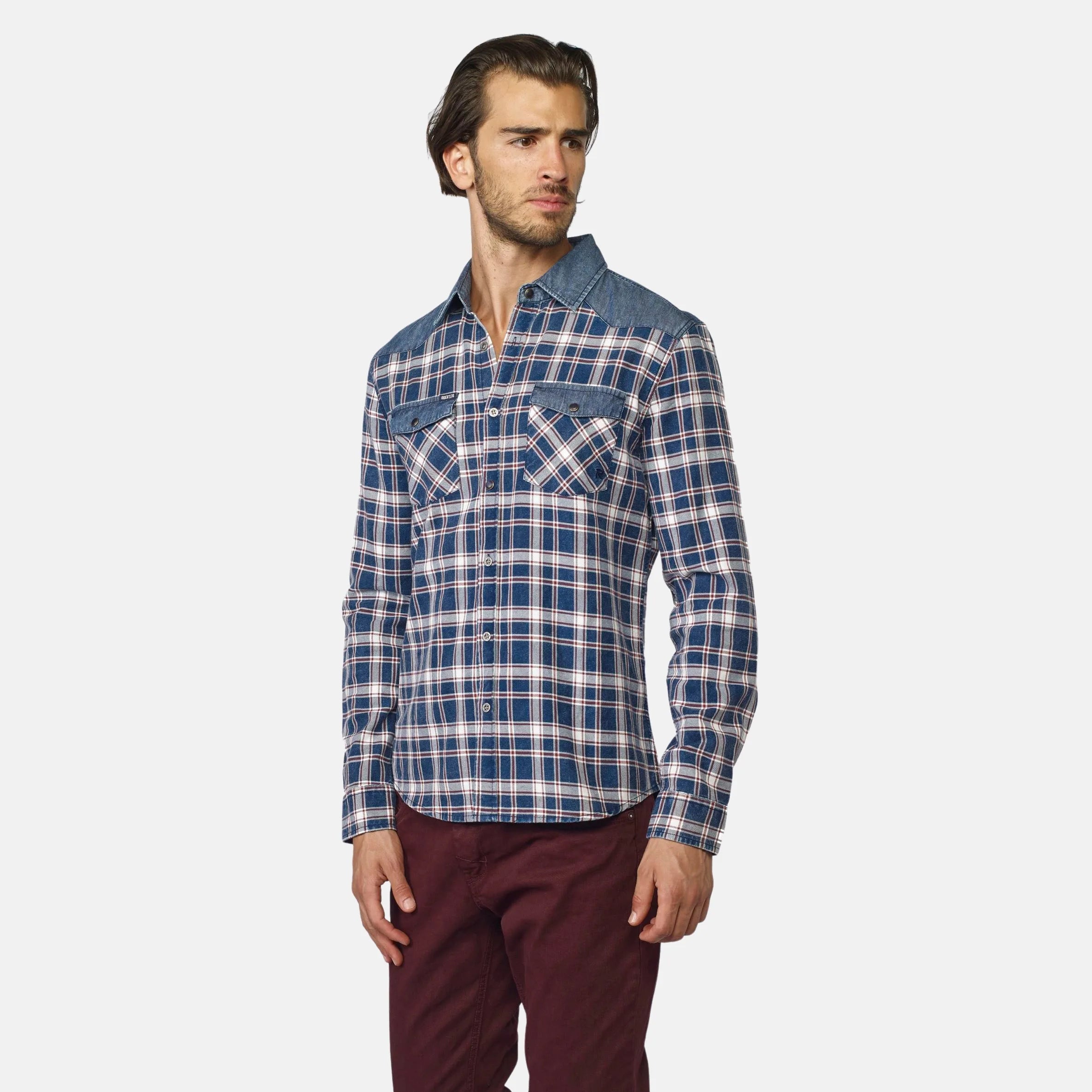 Koröshi - Long Sleeve Plaid Shirt with Denim Details, 100% Cotton for Urban Workwear, Regular Fit in Navy, features button-down collar, two chest pockets, and ideal for transitional seasons. - Camara ShoppingKoröshi - Long Sleeve Plaid Shirt with Denim Details, 100% Cotton for Urban Workwear, Regular Fit in Navy, features button-down collar, two chest pockets, and ideal for transitional seasons.