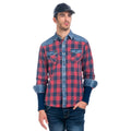 Koroshi Long Sleeve Plaid Shirt in 100% Cotton with Denim Details, Western Style, Regular Fit, Available in Red and Ocher, Unique Wash Effect, Perfect for Casual or Urban Looks. - Camara ShoppingKoroshi Long Sleeve Plaid Shirt in 100% Cotton with Denim Details, Western Style, Regular Fit, Available in Red and Ocher, Unique Wash Effect, Perfect for Casual or Urban Looks.