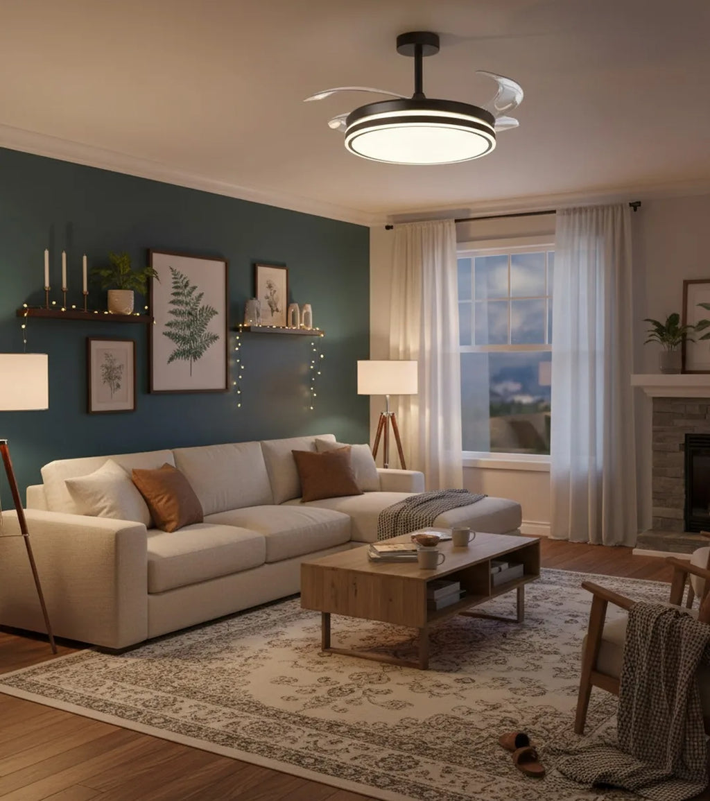 Ventilateur de plafond avec moteur DC et pales encastrées avec lumière LED mémoire 36W et variateur dimmable (veilleuse)-marque BEL AIR HOME-télécommande silencieuse et efficace incluse-Idéal pour les chambres et les sa
