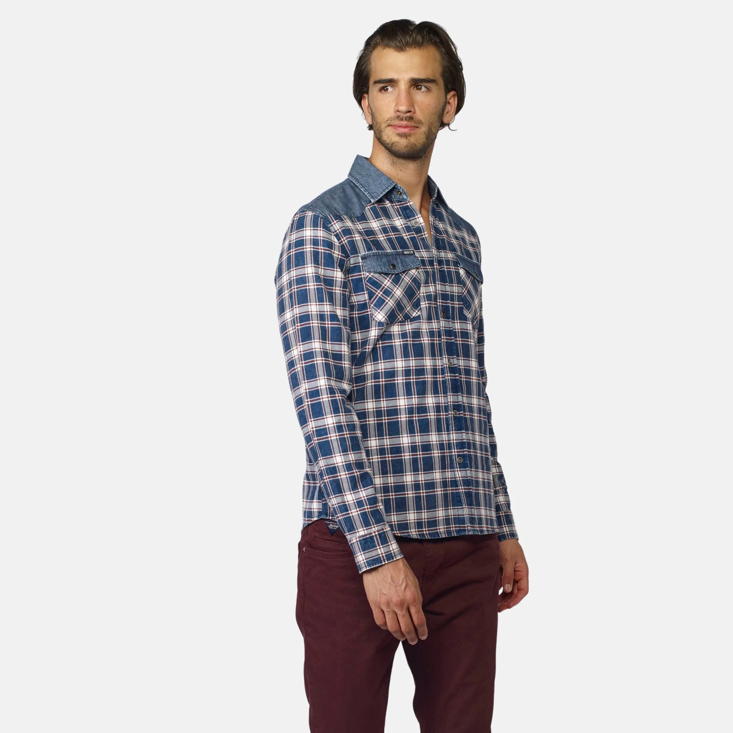 Koröshi - Long Sleeve Plaid Shirt with Denim Details, 100% Cotton for Urban Workwear, Regular Fit in Navy, features button-down collar, two chest pockets, and ideal for transitional seasons. - Camara ShoppingKoröshi - Long Sleeve Plaid Shirt with Denim Details, 100% Cotton for Urban Workwear, Regular Fit in Navy, features button-down collar, two chest pockets, and ideal for transitional seasons.