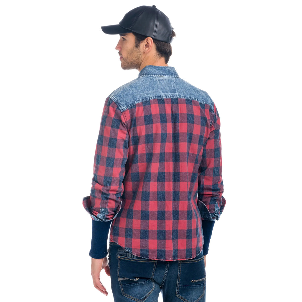 Koroshi Long Sleeve Plaid Shirt in 100% Cotton with Denim Details, Western Style, Regular Fit, Available in Red and Ocher, Unique Wash Effect, Perfect for Casual or Urban Looks. - Camara ShoppingKoroshi Long Sleeve Plaid Shirt in 100% Cotton with Denim Details, Western Style, Regular Fit, Available in Red and Ocher, Unique Wash Effect, Perfect for Casual or Urban Looks.
