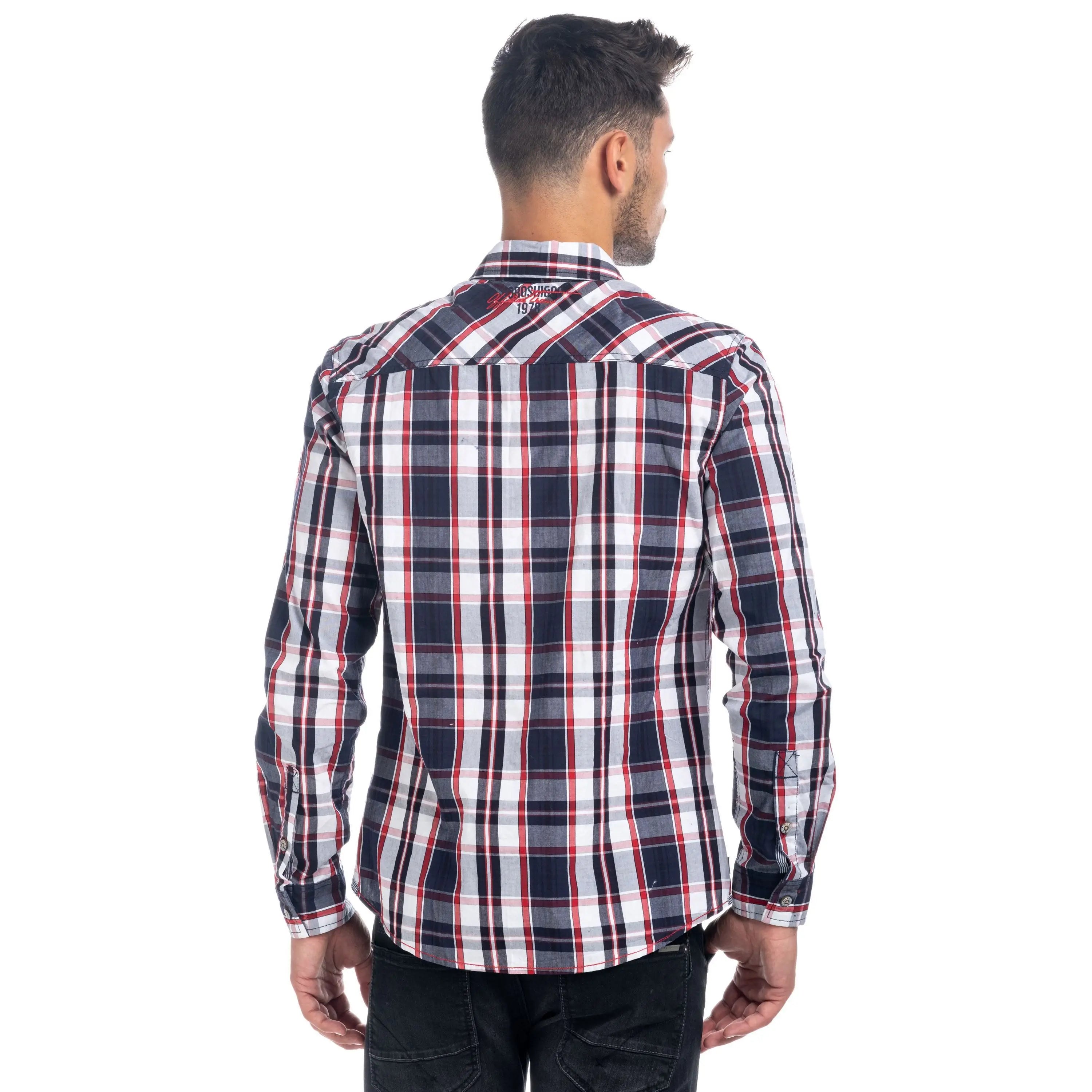 Koroshi - Long Sleeve Plaid Shirt for Men, 100% Cotton with Unique Embroidered Details, Regular Fit, Contrast Cuffs, Ideal for Casual Everyday Wear in Blue and Navy. - Camara ShoppingKoroshi - Long Sleeve Plaid Shirt for Men, 100% Cotton with Unique Embroidered Details, Regular Fit, Contrast Cuffs, Ideal for Casual Everyday Wear in Blue and Navy.