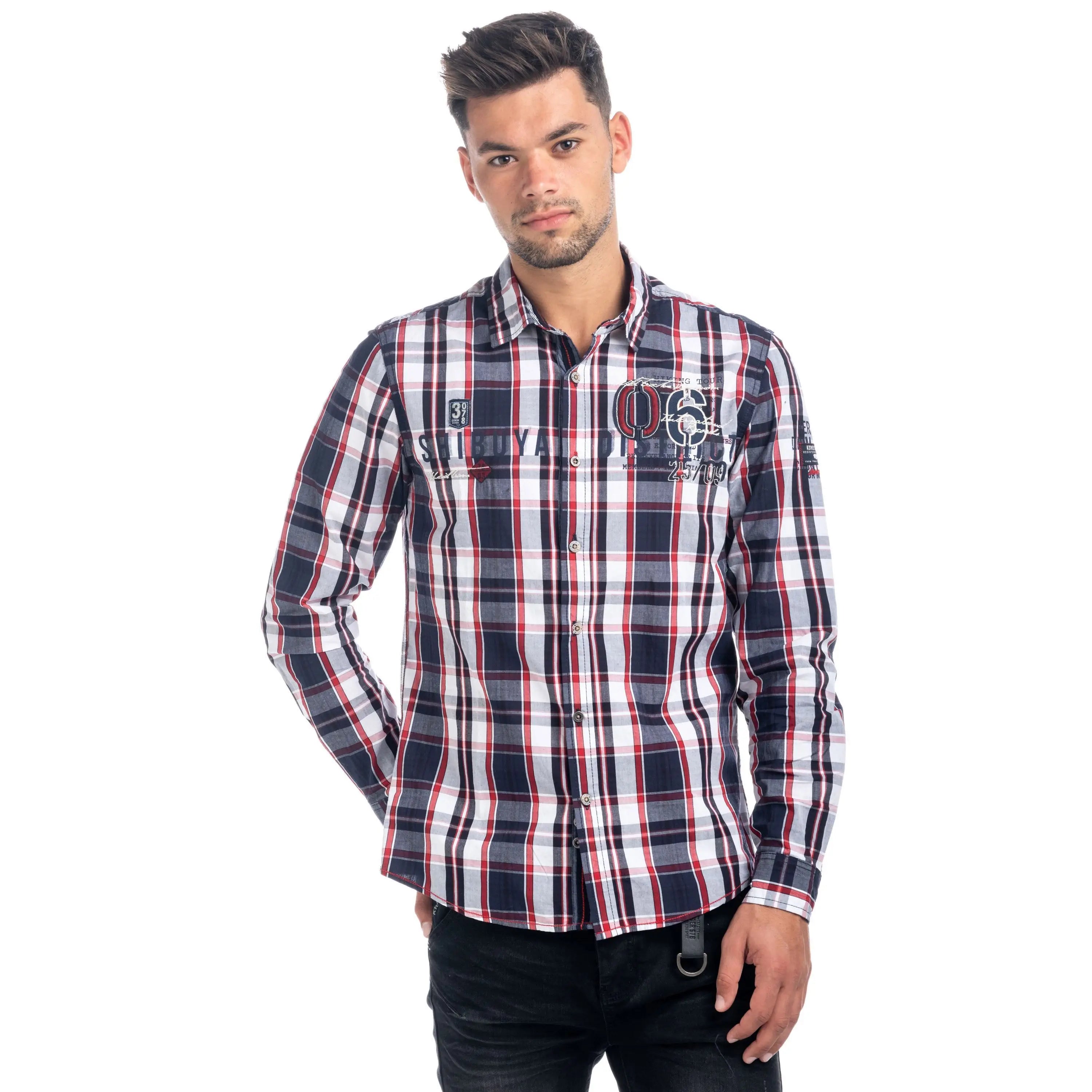 Koroshi - Long Sleeve Plaid Shirt for Men, 100% Cotton with Unique Embroidered Details, Regular Fit, Contrast Cuffs, Ideal for Casual Everyday Wear in Blue and Navy. - Camara ShoppingKoroshi - Long Sleeve Plaid Shirt for Men, 100% Cotton with Unique Embroidered Details, Regular Fit, Contrast Cuffs, Ideal for Casual Everyday Wear in Blue and Navy.
