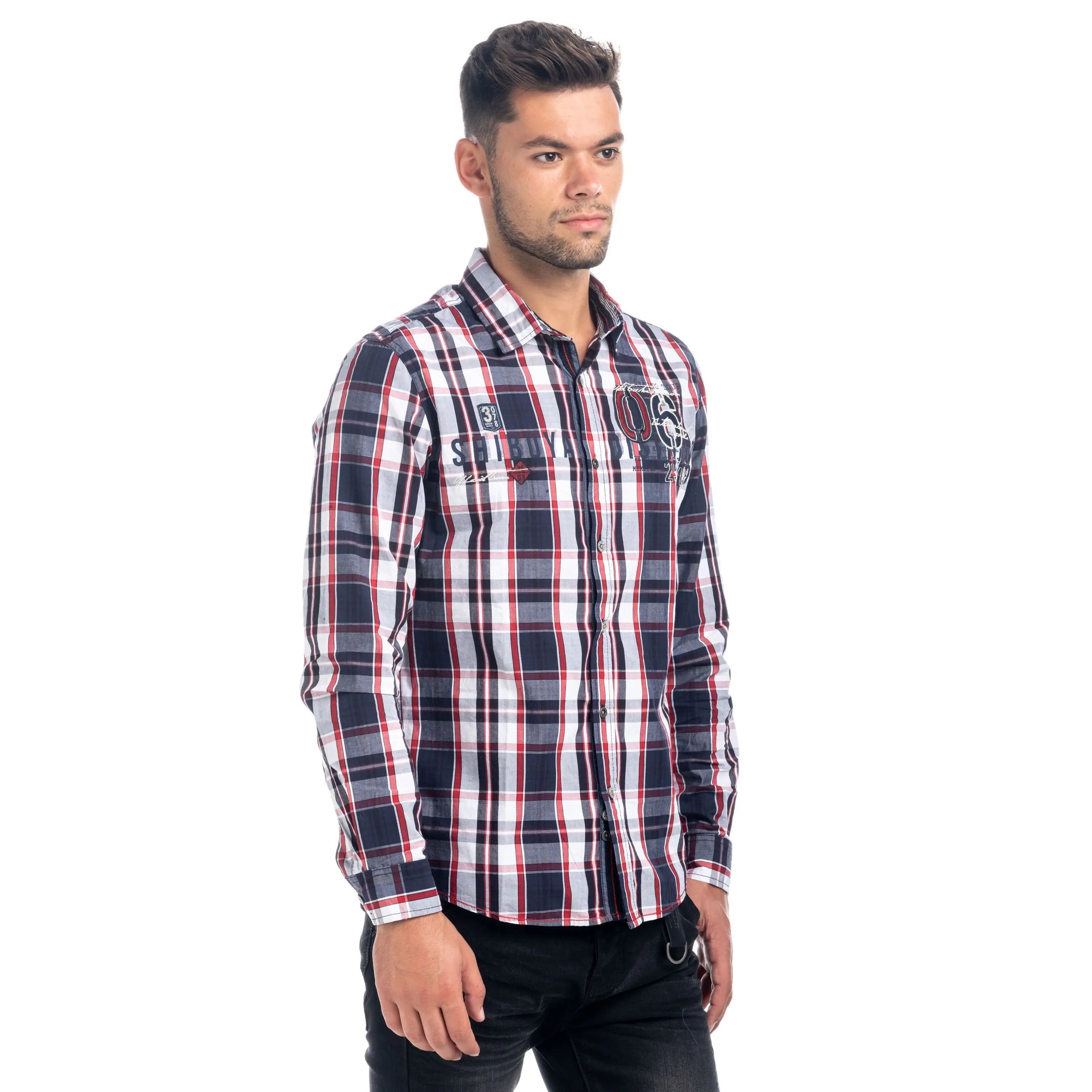 Koroshi - Long Sleeve Plaid Shirt for Men, 100% Cotton with Unique Embroidered Details, Regular Fit, Contrast Cuffs, Ideal for Casual Everyday Wear in Blue and Navy. - Camara ShoppingKoroshi - Long Sleeve Plaid Shirt for Men, 100% Cotton with Unique Embroidered Details, Regular Fit, Contrast Cuffs, Ideal for Casual Everyday Wear in Blue and Navy.