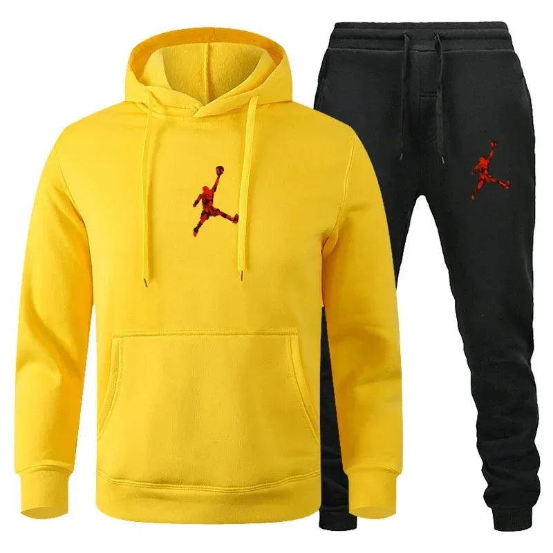 Ensemble de survêtement deux pièces imprimé uni, sweat à capuche et pantalon de jogging à revers élastiques, en maille légère, polyvalent, pour homme, streetwear et sportswear d'entraînement