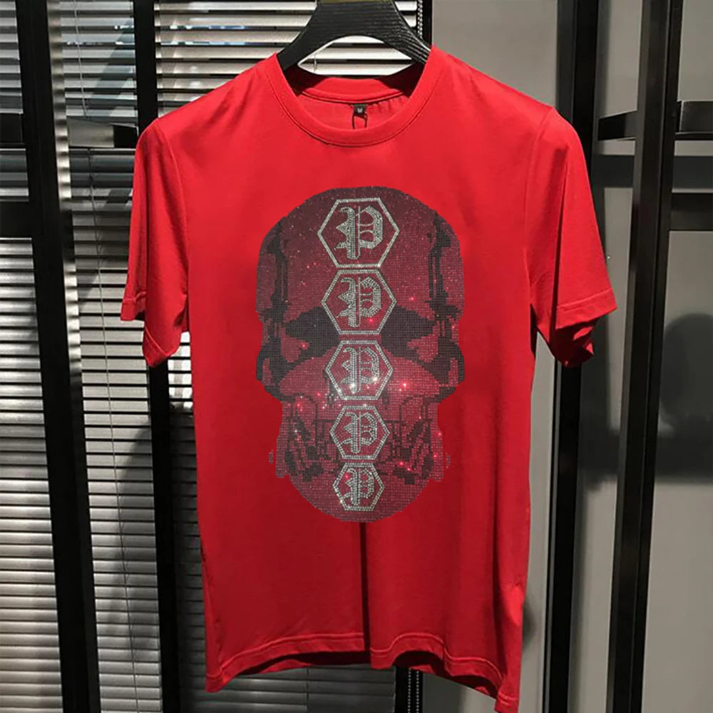 Designer hommes T-shirt strass crâne Streetwear hommes t-shirts marque de luxe mode tendance coton col rond à manches courtes haut vêtements Camara Shopping Designer hommes T-shirt strass crâne Streetwear hommes t-shirts marque de luxe mode tendance coton col rond à manches courtes haut vêtements
