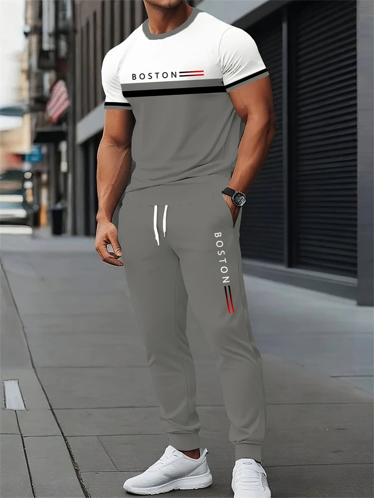 Ensemble deux pièces pour hommes, lettres imprimées, décontracté, col rond, manches courtes, cordon de serrage, pantalon Long, grande taille, tenue ample, nouvelle collection Camara Shopping Ensemble deux pièces pour hommes, lettres imprimées, décontracté, col rond, manches courtes, cordon de serrage, pantalon Long, grande taille, tenue ample, nouvelle collection