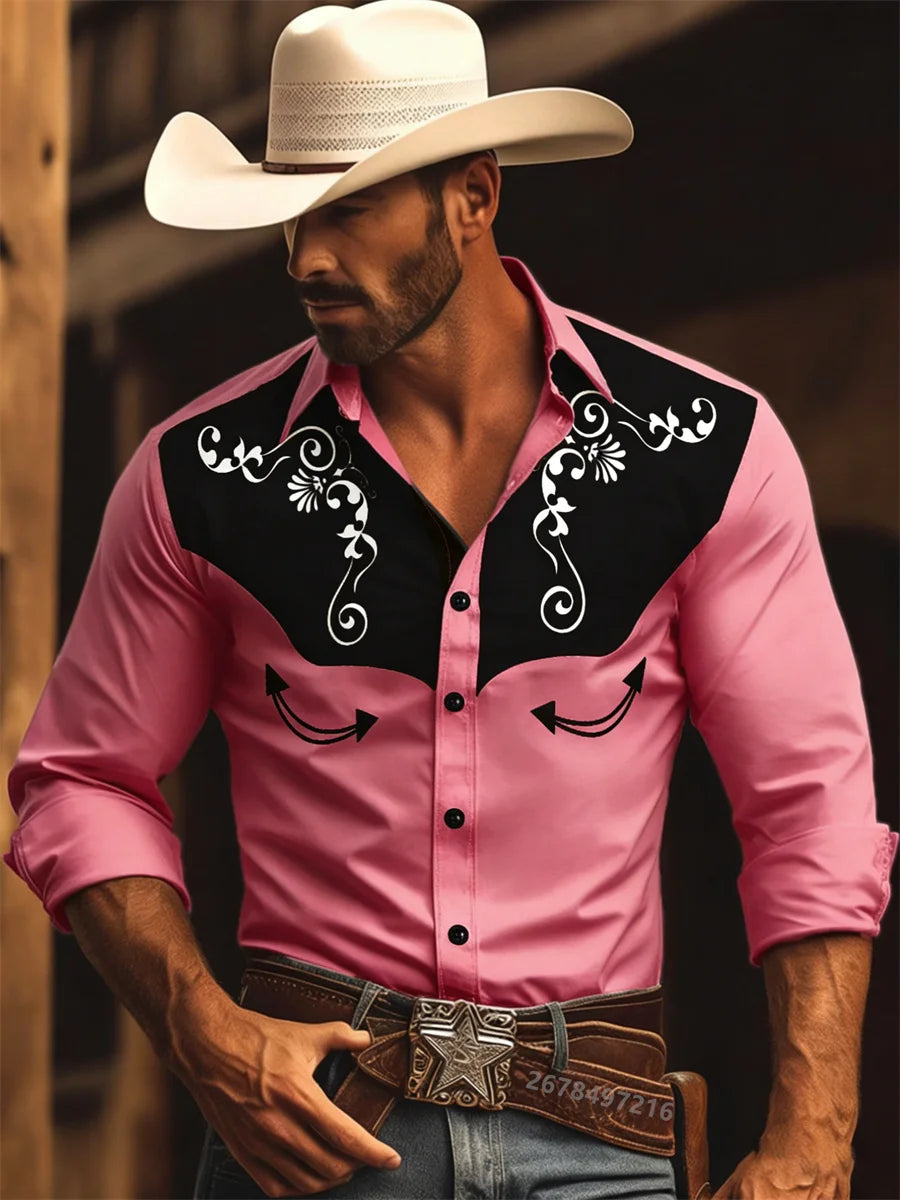 Nouvelle chemise à manches longues pour homme, style western cowboy, chemise à motif vintage imprimé, chemise à manches longues à col tendance pour homme. Camara Shopping Nouvelle chemise à manches longues pour homme, style western cowboy, chemise à motif vintage imprimé, chemise à manches longues à col tendance pour homme.