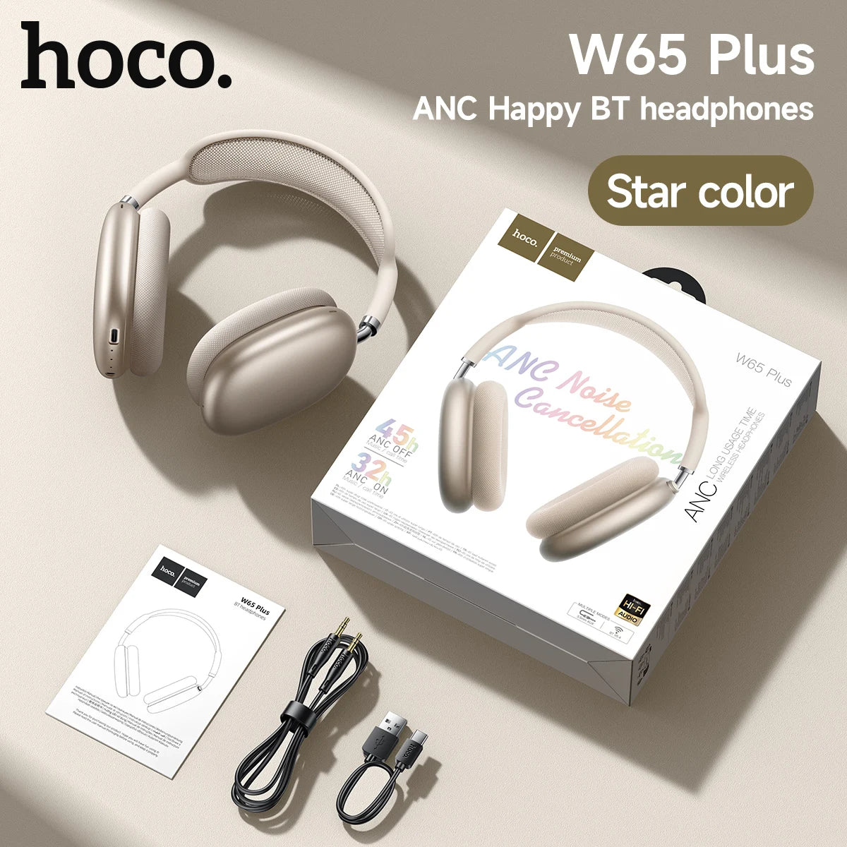 Casque Bluetooth HOCO W65 Plus ANC à réduction de bruit, circum-auriculaire, sans fil, grand écouteur, son Hi-Fi, casque sport avec bouton Camara Shopping Casque Bluetooth HOCO W65 Plus ANC à réduction de bruit, circum-auriculaire, sans fil, grand écouteur, son Hi-Fi, casque sport avec bouton