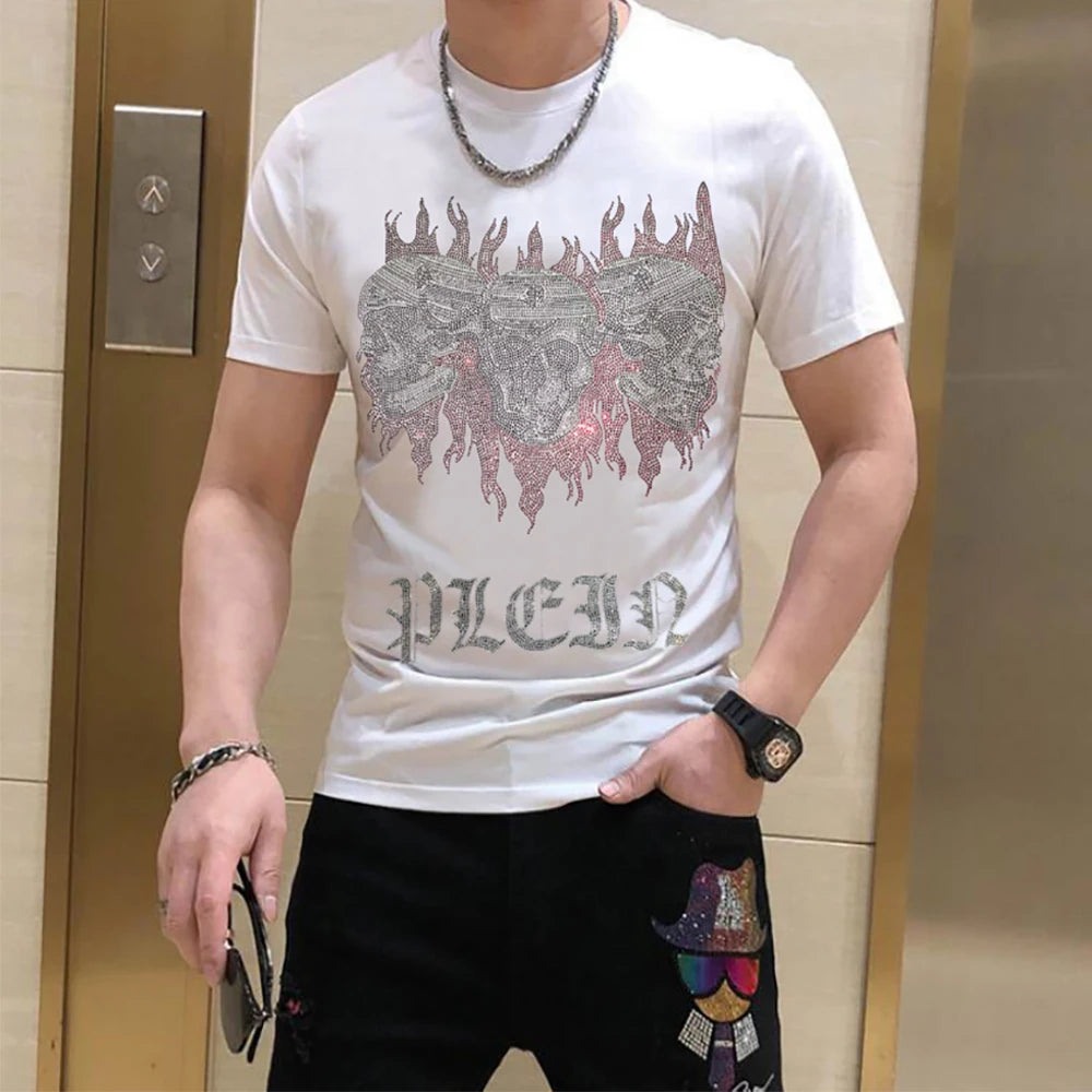 Designer hommes T-shirt strass crâne Streetwear hommes t-shirts marque de luxe mode tendance coton col rond à manches courtes haut vêtements Camara Shopping Designer hommes T-shirt strass crâne Streetwear hommes t-shirts marque de luxe mode tendance coton col rond à manches courtes haut vêtements