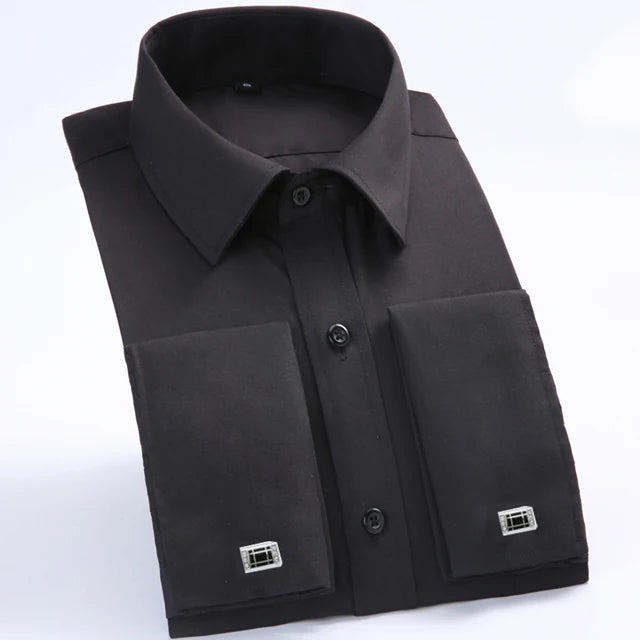 Chemise habillée à manchette française pour hommes, manches longues, boutons d'affaires formels, chemises pour hommes, coupe régulière, boutons de manchette, grande taille 6XL Camara Shopping Chemise habillée à manchette française pour hommes, manches longues, boutons d'affaires formels, chemises pour hommes, coupe régulière, boutons de manchette, grande taille 6XL