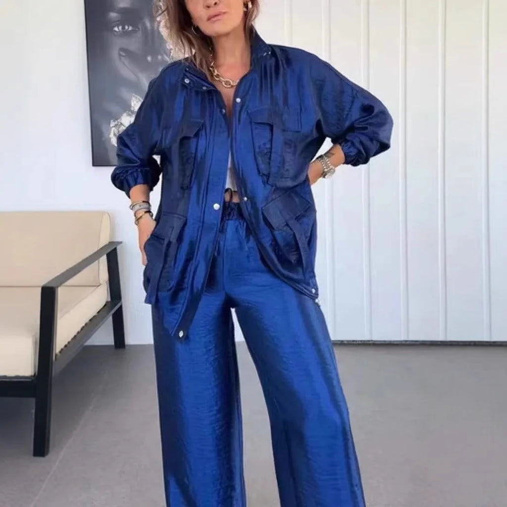 Ensemble deux pièces métallisé pour femme, pantalon cargo adt, jambe large, assressenti, tenues de rue, monochrome, mode printemps et automne, 2 pièces Camara Shopping Ensemble deux pièces métallisé pour femme, pantalon cargo adt, jambe large, assressenti, tenues de rue, monochrome, mode printemps et automne, 2 pièces