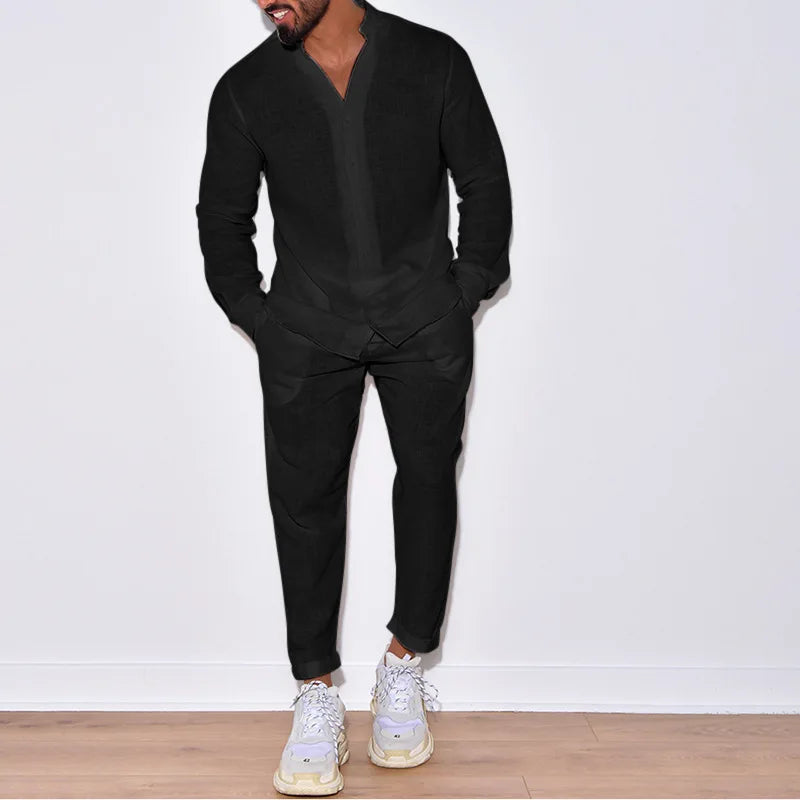 Costume décontracté en coton et lin pour hommes, chemise confortable en lin de couleur unie à col montant, ample de rue à manches longues, deux pièces Camara Shopping Costume décontracté en coton et lin pour hommes, chemise confortable en lin de couleur unie à col montant, ample de rue à manches longues, deux pièces