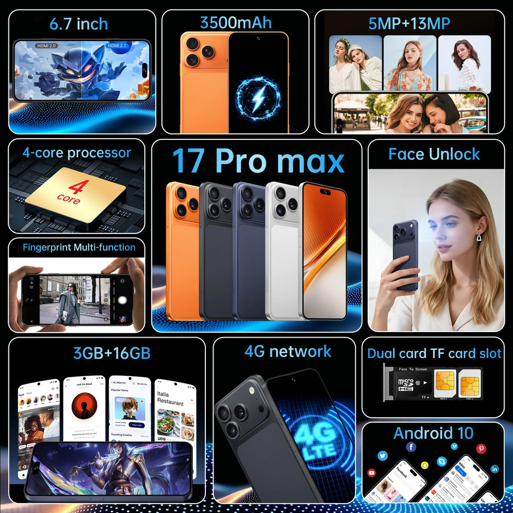 Smartphones IVMI 17Pro Max Android 10.0 Double SIM Écran 6,7 pouces 3 Go de RAM 16 Go de ROM WIFI Bluetooth Play Store 4G Petit téléphone mobile Camara Shopping Smartphones IVMI 17Pro Max Android 10.0 Double SIM Écran 6,7 pouces 3 Go de RAM 16 Go de ROM WIFI Bluetooth Play Store 4G Petit téléphone mobile