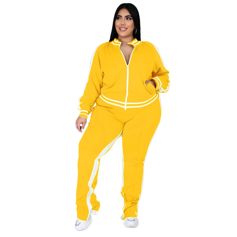 Grande taille L-5XL deux pièces ensemble femmes survêtement Zip haut rayé fente pantalons de survêtement survêtement tenue correspondant ensemble en gros livraison directe Camara Shopping Grande taille L-5XL deux pièces ensemble femmes survêtement Zip haut rayé fente pantalons de survêtement survêtement tenue correspondant ensemble en gros livraison directe