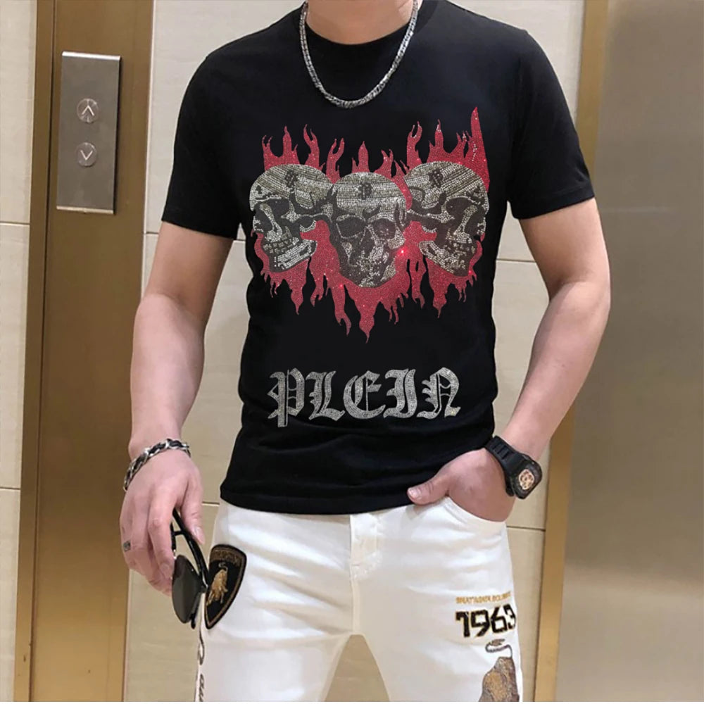 Designer hommes T-shirt strass crâne Streetwear hommes t-shirts marque de luxe mode tendance coton col rond à manches courtes haut vêtements Camara Shopping Designer hommes T-shirt strass crâne Streetwear hommes t-shirts marque de luxe mode tendance coton col rond à manches courtes haut vêtements