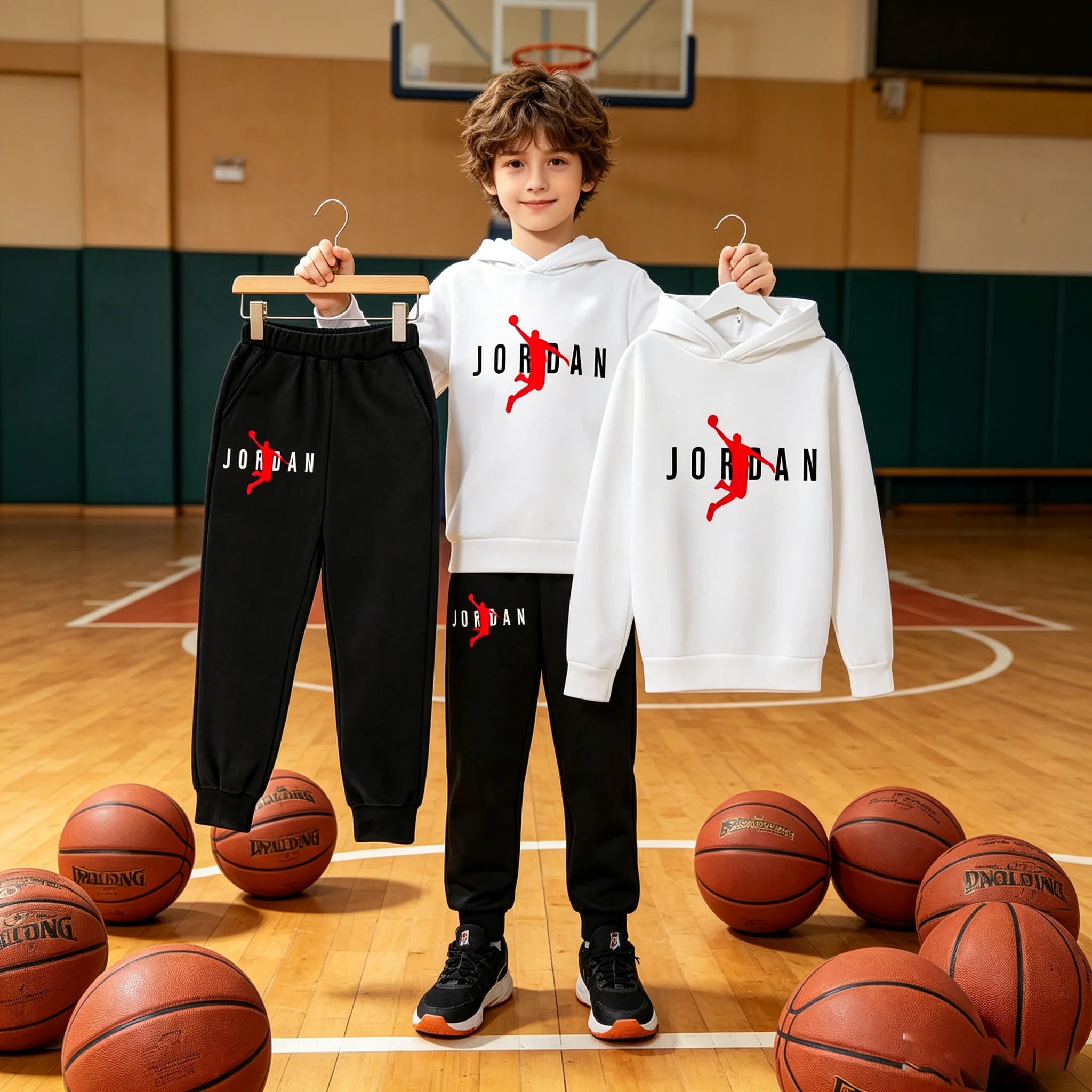 Nouvel ensemble de sport de marque à la mode pour enfants : sweat à capuche et pantalon (3-12 ans) - Motif lettres de basketball