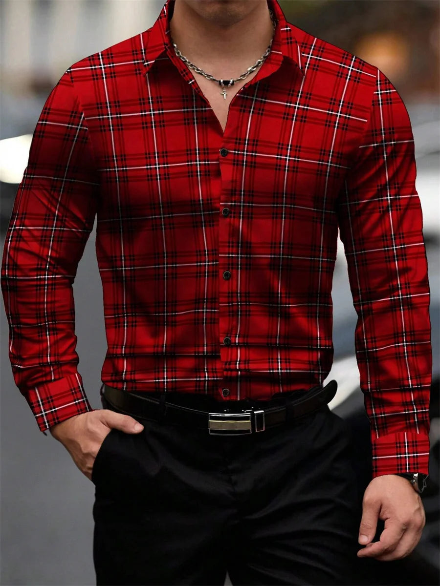 Chemise à carreaux rouge rétro pour homme, manches longues, col décontracté, polyvalente et tendance pour tous les jours et les trajets domicile-travail, tailles S-6XL. Camara Shopping Chemise à carreaux rouge rétro pour homme, manches longues, col décontracté, polyvalente et tendance pour tous les jours et les trajets domicile-travail, tailles S-6XL.