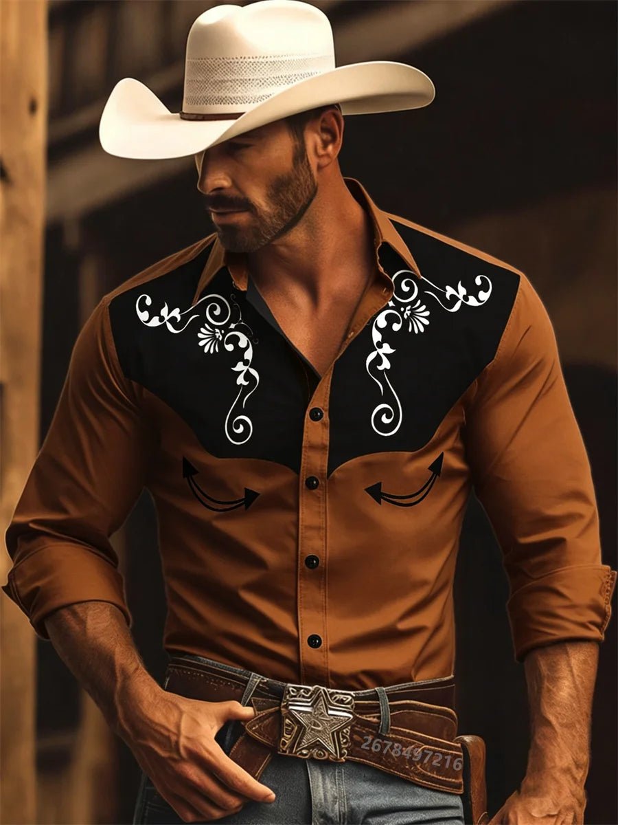 Nouvelle chemise à manches longues pour homme, style western cowboy, chemise à motif vintage imprimé, chemise à manches longues à col tendance pour homme. - Camara ShoppingNouvelle chemise à manches longues pour homme, style western cowboy, chemise à motif vintage imprimé, chemise à manches longues à col tendance pour homme.