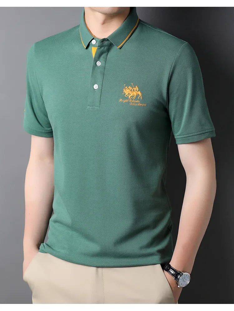 Polo brodé en coton pour hommes, T-shirt décontracté à manches courtes, revers, affaires haut de gamme, été, nouveau, haute qualité, 2024 Camara Shopping Polo brodé en coton pour hommes, T-shirt décontracté à manches courtes, revers, affaires haut de gamme, été, nouveau, haute qualité, 2024