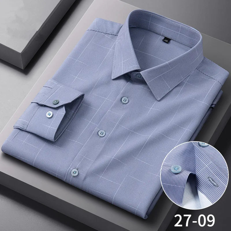 Chemises Anti-rides à rayures à carreaux pour hommes, manches longues, fines, sans repassage, lisses, vêtements quotidiens pour hommes sociaux, nouvelle collection automne printemps Camara Shopping Chemises Anti-rides à rayures à carreaux pour hommes, manches longues, fines, sans repassage, lisses, vêtements quotidiens pour hommes sociaux, nouvelle collection automne printemps