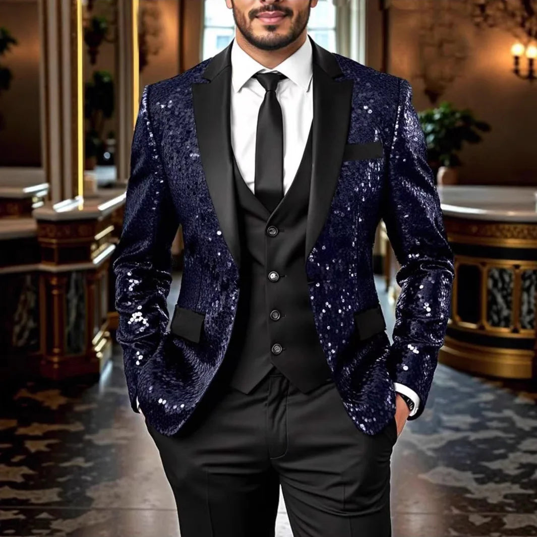 Veste de smoking à paillettes brillantes pour hommes – Dégradé bleu royal et or, revers noir, vêtements de fête/mariage/scène formel ‌   Manteau. Camara Shopping Veste de smoking à paillettes brillantes pour hommes – Dégradé bleu royal et or, revers noir, vêtements de fête/mariage/scène formel ‌   Manteau.