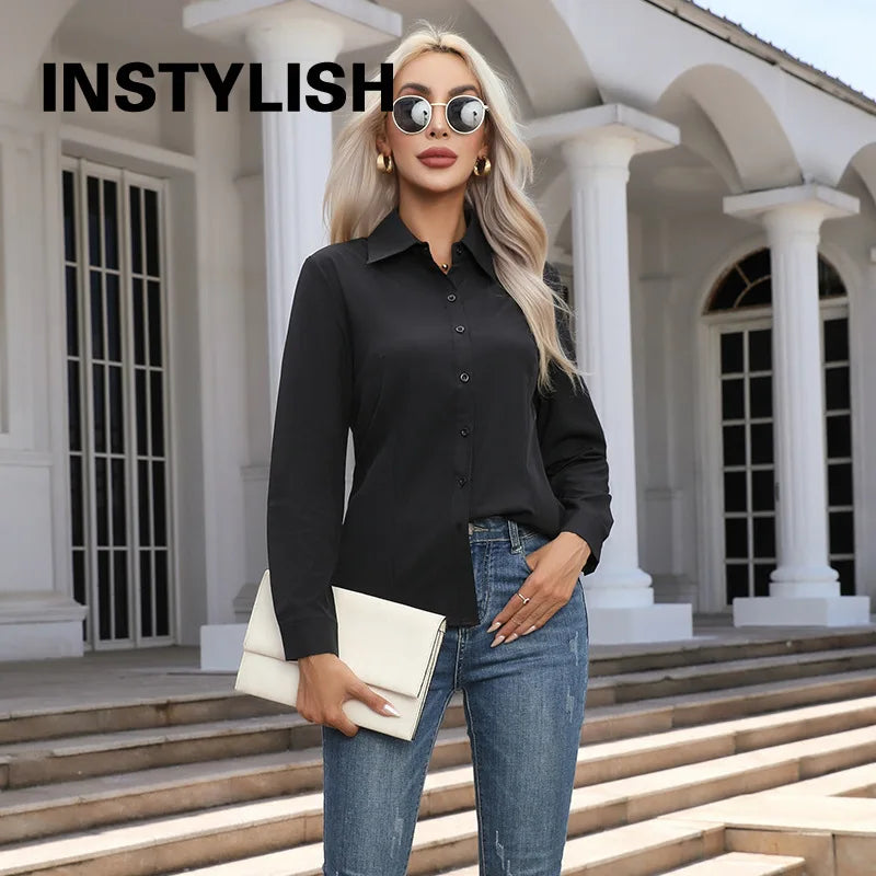 Chemise élégante pour femmes, chemisier en mousseline de soie à boutons, printemps été, décontracté, uni, manches longues, col rabattu, tuniques, chemisier OL, hauts Camara Shopping Chemise élégante pour femmes, chemisier en mousseline de soie à boutons, printemps été, décontracté, uni, manches longues, col rabattu, tuniques, chemisier OL, hauts
